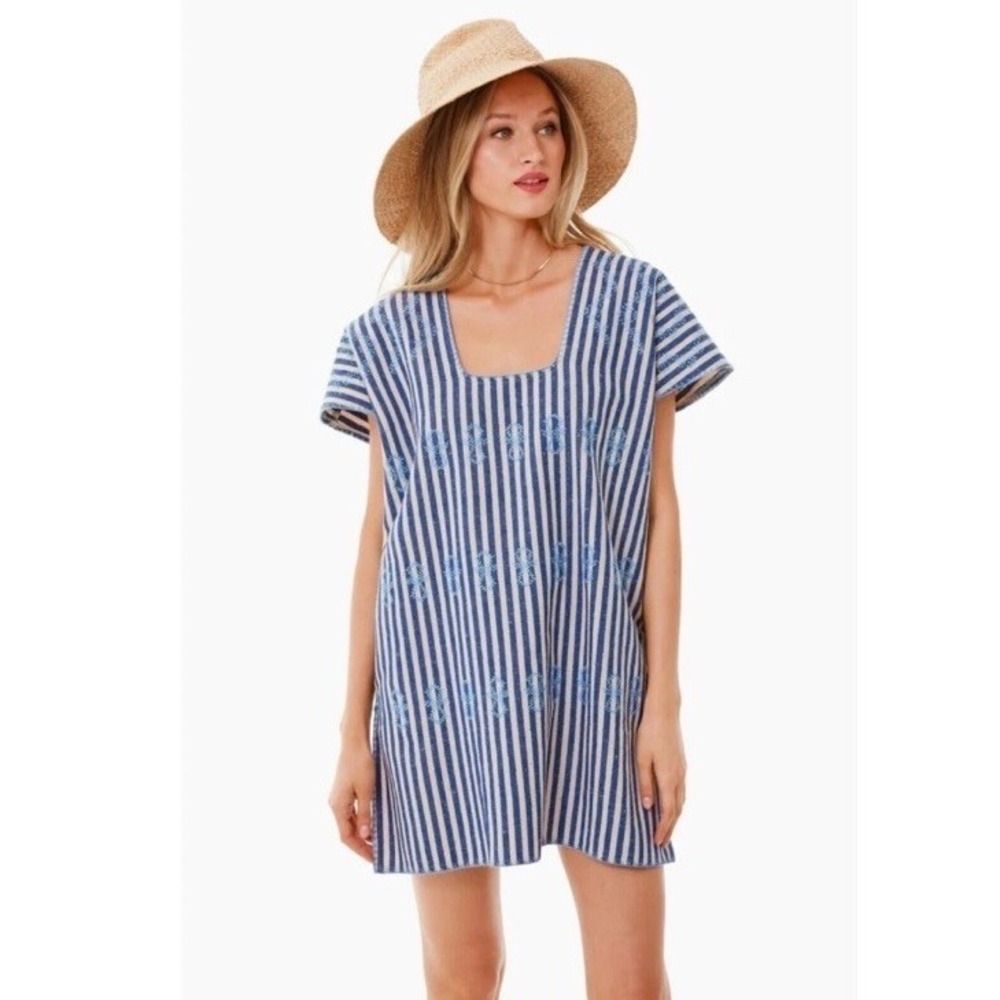 Tuckernuck Mini Sullivan Blue White Stripe Embroidered Canvas Caftan Size Large